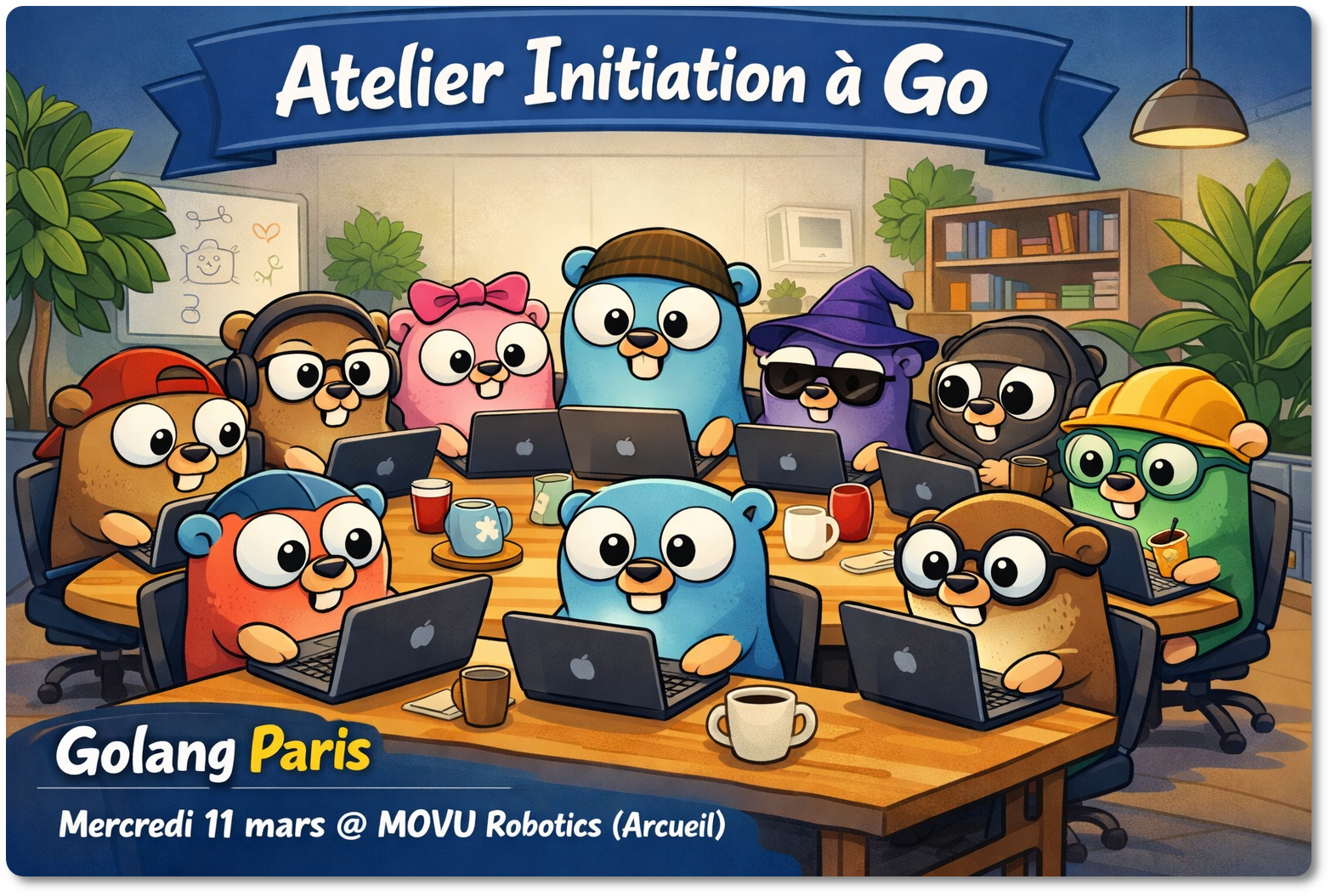 dessin représentants des gophers, et un robot, souriants, installés autour d'une table, chacun avec leur PC portable, en train de bricoler avec des microcontrolleurs et des pièces de robot.