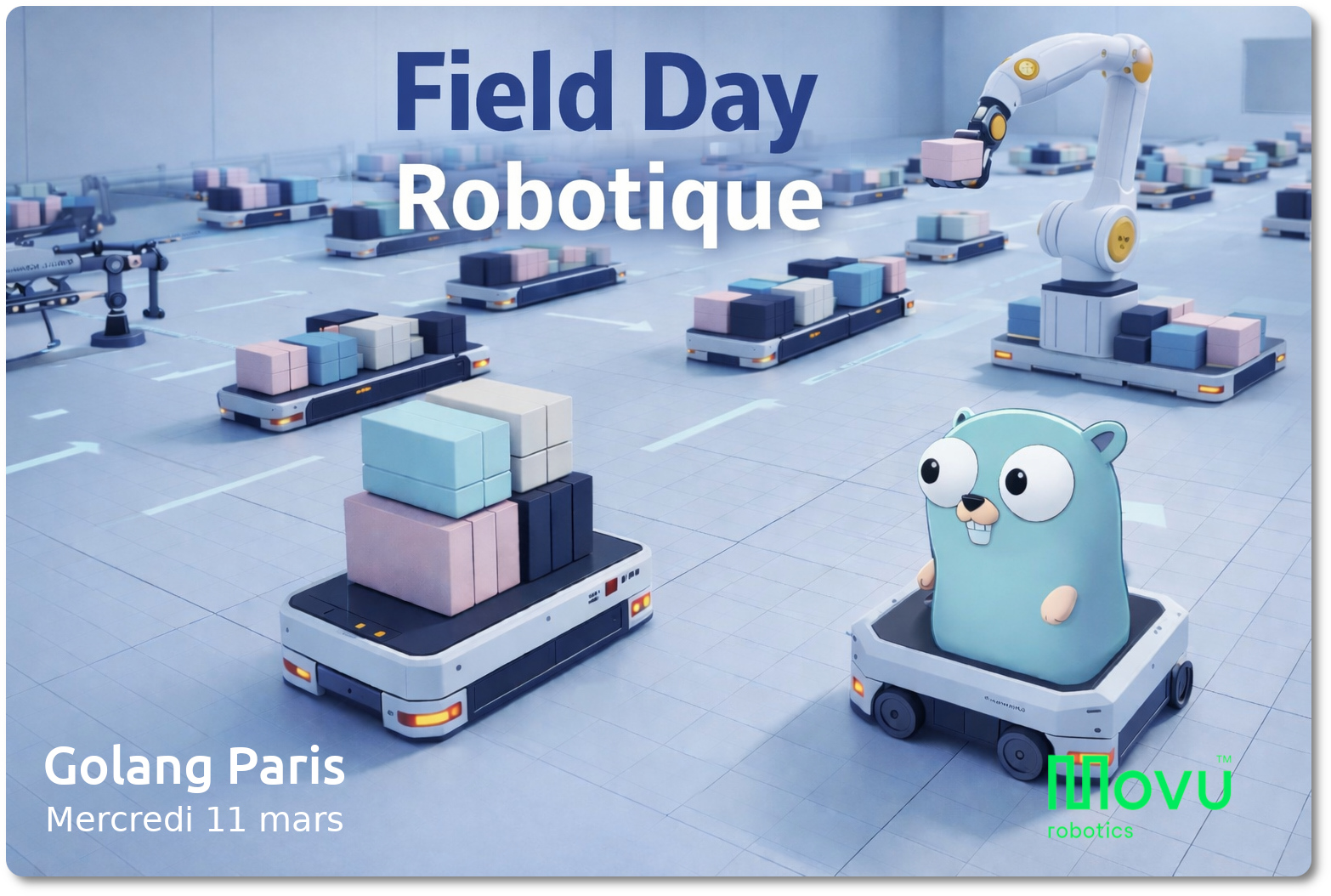 Une image d'un gopher sur un robot d'exploration semblant faire la course avec un autre robot d'entrepôt logistique, dans un hangar clair aux couleurs pastels